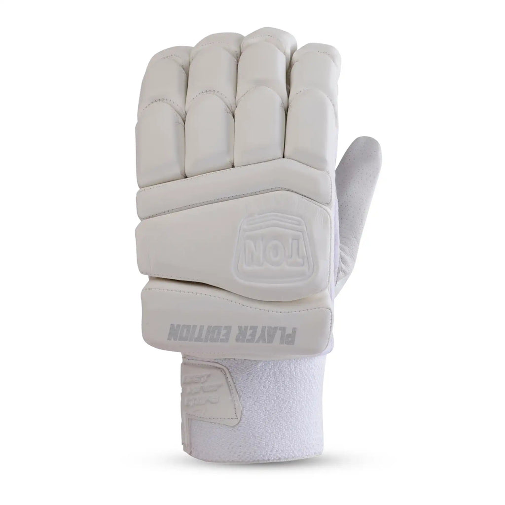 SS Ton Player Edition White Cricket Batting Gloves Adult finger and side detail