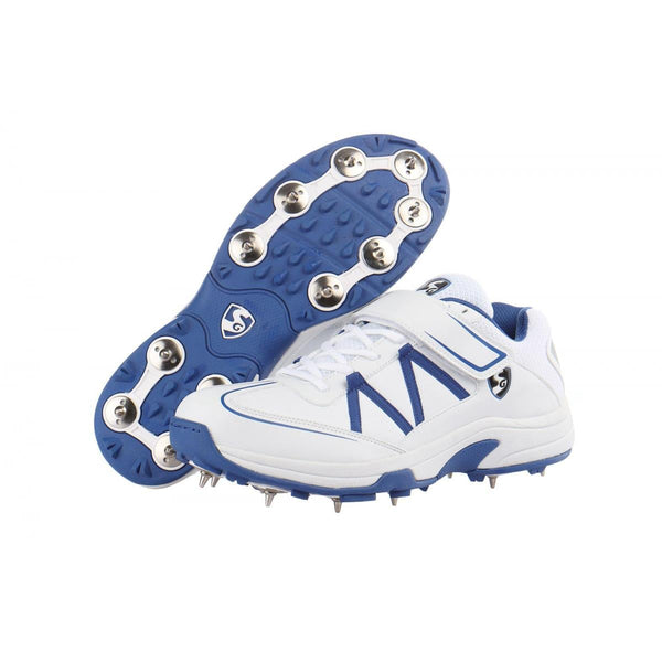 White SG cricket shoes with spikes on a plain background