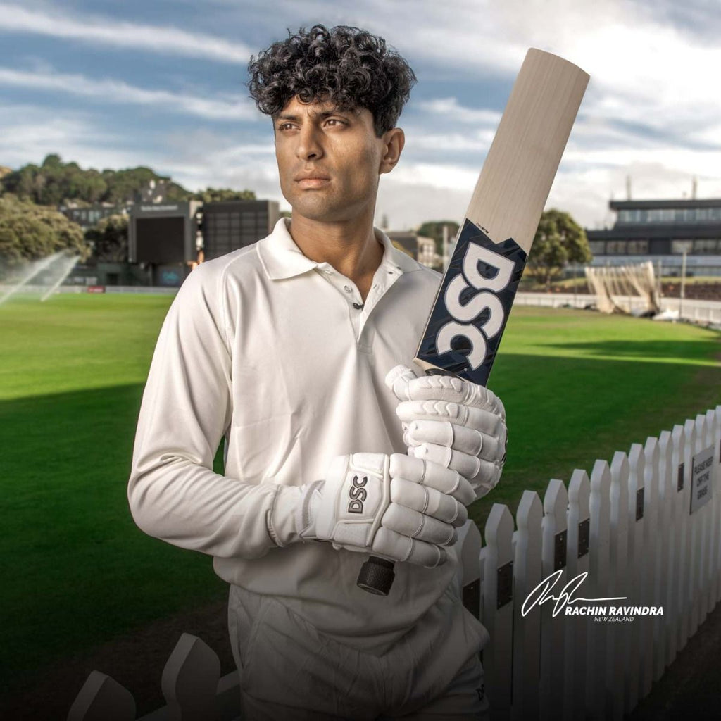 Rachin Ravindra with DSC Blak Players Edition English Willow Cricket Bat