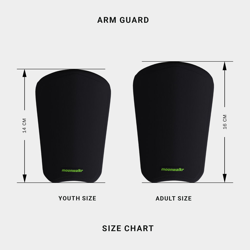 Official Moonwalkr black arm guard sizing chart