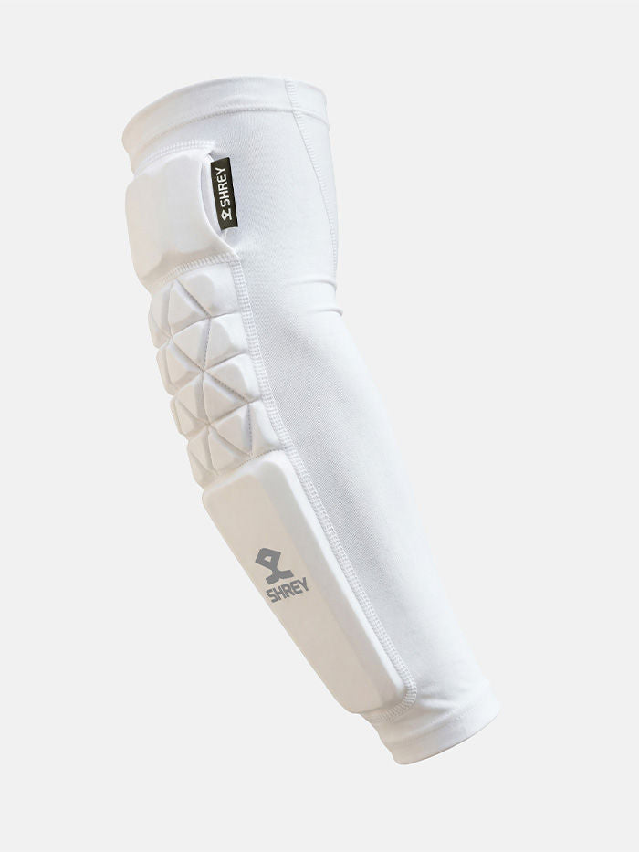 Shrey Legacy cricket arm guard in white, Large, with protective padding and compression sleeve